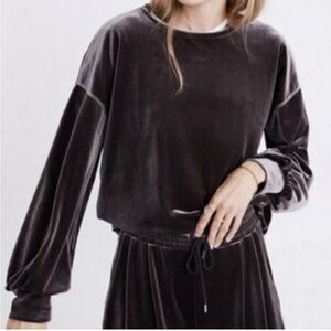 Madewell Velvet Balloon Sleeve Sweatshirt Top Dark Metal Size Small